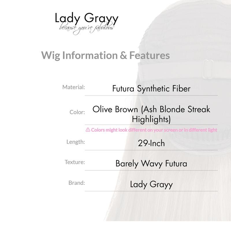 29-Inch Olive Brown (Ash Blonde Streak Highlights) Barely Wavy Futura Futura Synthetic Wig | 【Free-part Lace】【Heat Resistant】【Cap Included】 | FSGA