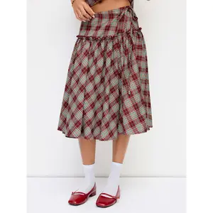 Cider Mid Rise Tartan Lettuce Trim Knotted Midi Skirt