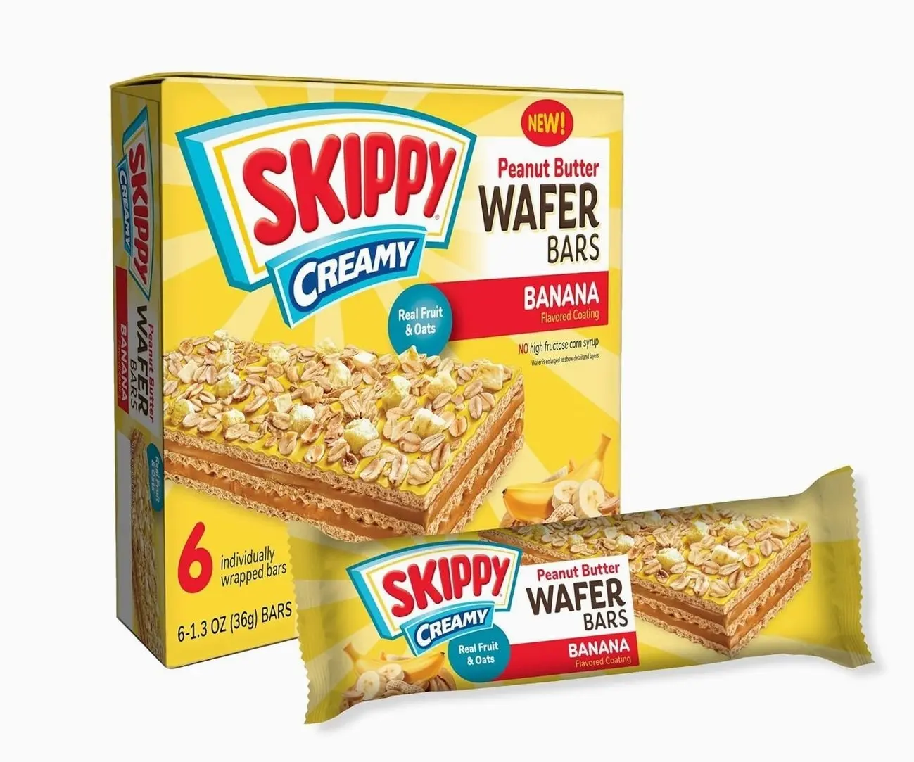 SKIPPY Creamy Peanut Butter Wafer Bars, Banana Flavor with Real Fruit & Oats, 6 Individually Wrapped Bars (7.8 oz Box)