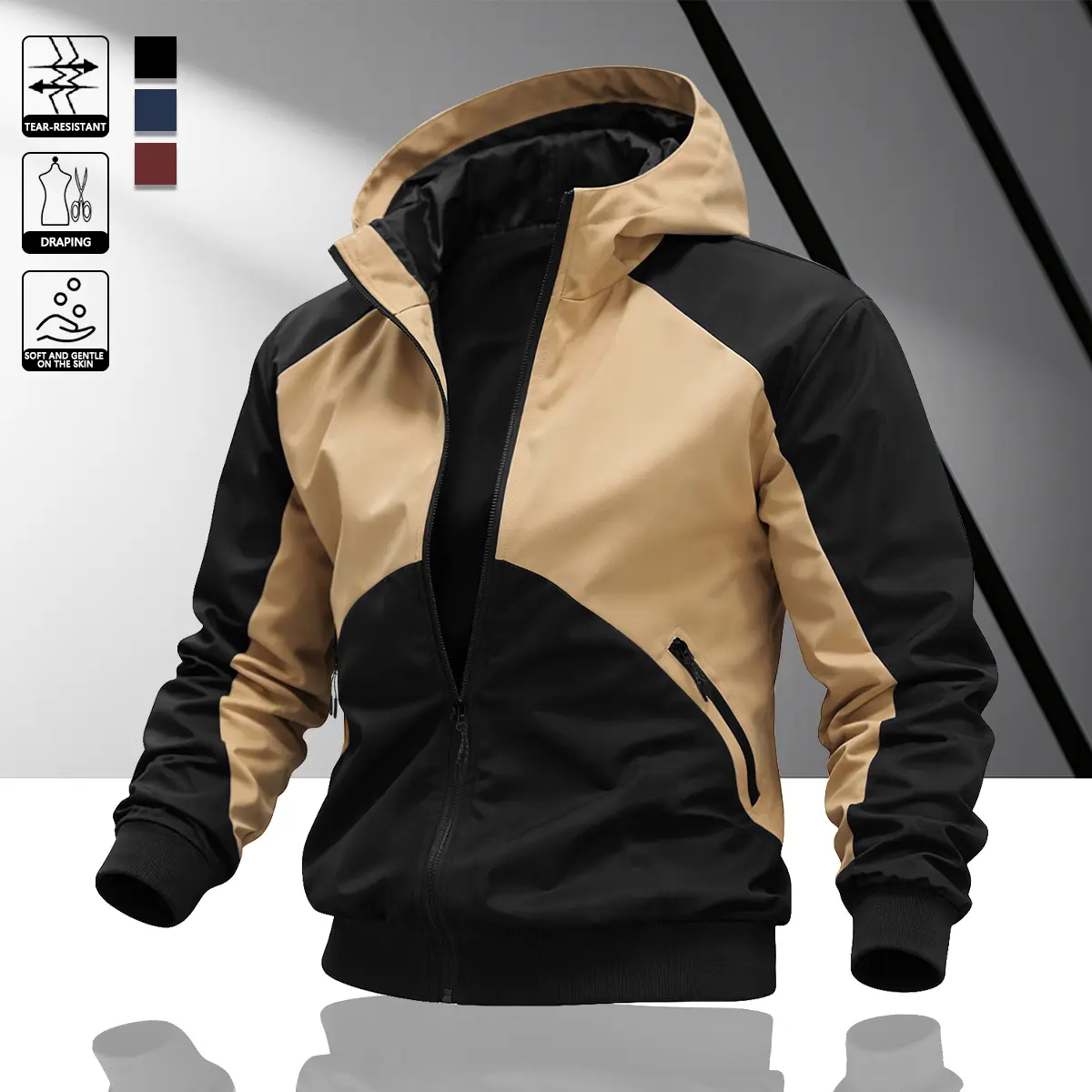 Men's Colorblock Hooded Jacket Anti-tear Skin-friendly Fabric Streetwear Casual Loose Fit Versatile Cool Personalized Outerwear for Daily Wear and Commuting