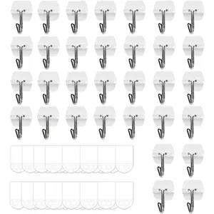 32 Hooks and 40 Strips, Clear Small Wall Hooks for , Wire Toggle Hooks for Walls No , Utility Hooks Heavy Duty with Adhesive Strips for  Decorations in Living Spaces, No Tools.