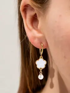Four Leaf Clover Pearl Drop Huggie Hoops, Shell Inlay Earrings, Soft Daily Styling Jewelry for Women