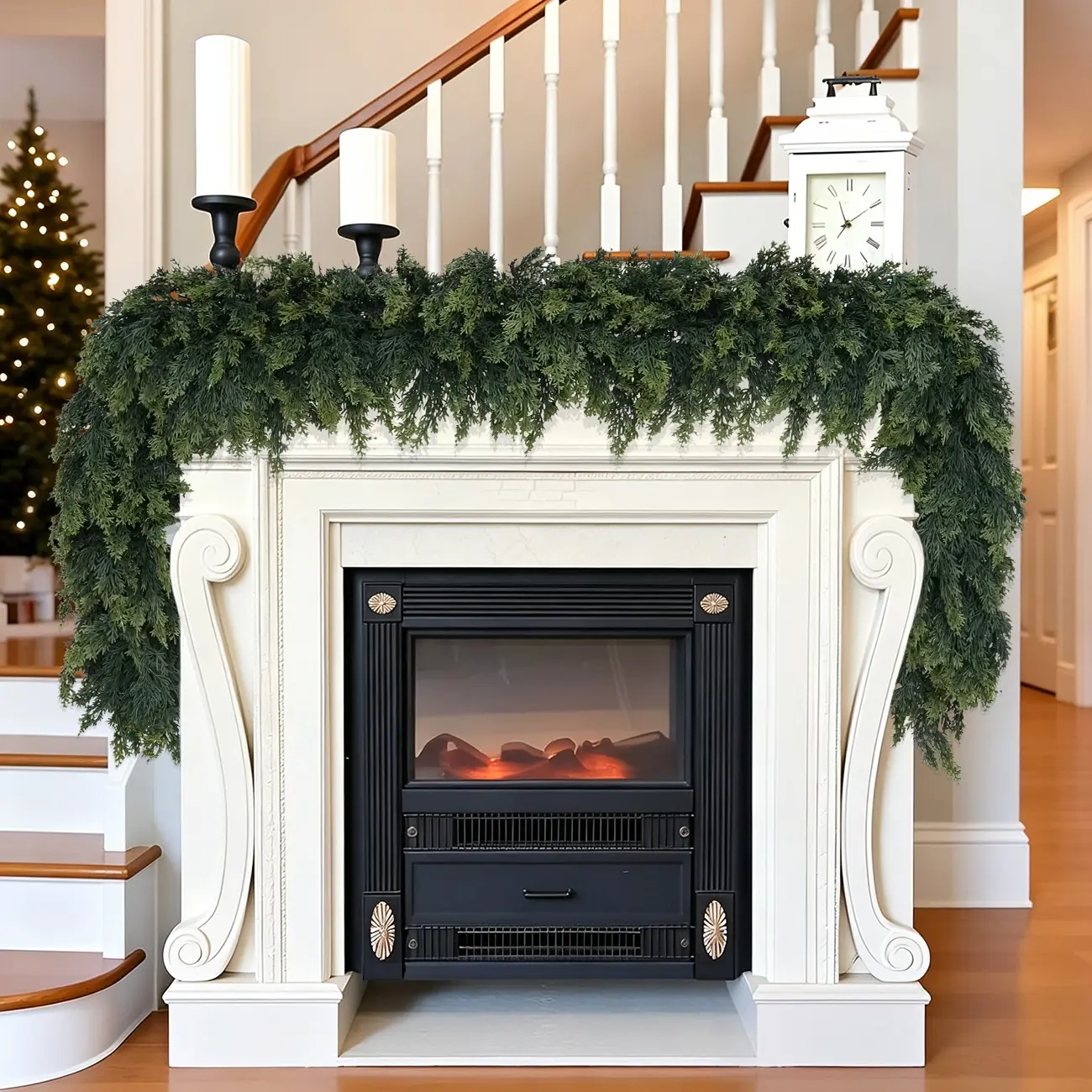 6 FT 2 Pcs Artificial Cedar Garlands, Real Touch Winter Cedar Garland, Lush Artificial Snow Cedar Greenery Swag for Table Mantle Wall Indoor Outdoor Christmas Holiday Home Decor（2, 6 FT)