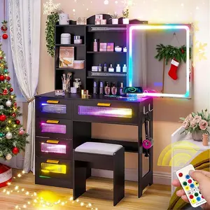 Vanity Desk with Mirror and Lights, RGB LED Makeup Vanity Desk with Charging Station, Vanity Table with Stools&Sliding Mirror, Women's Vanity Set with 5 Drawers (Black)