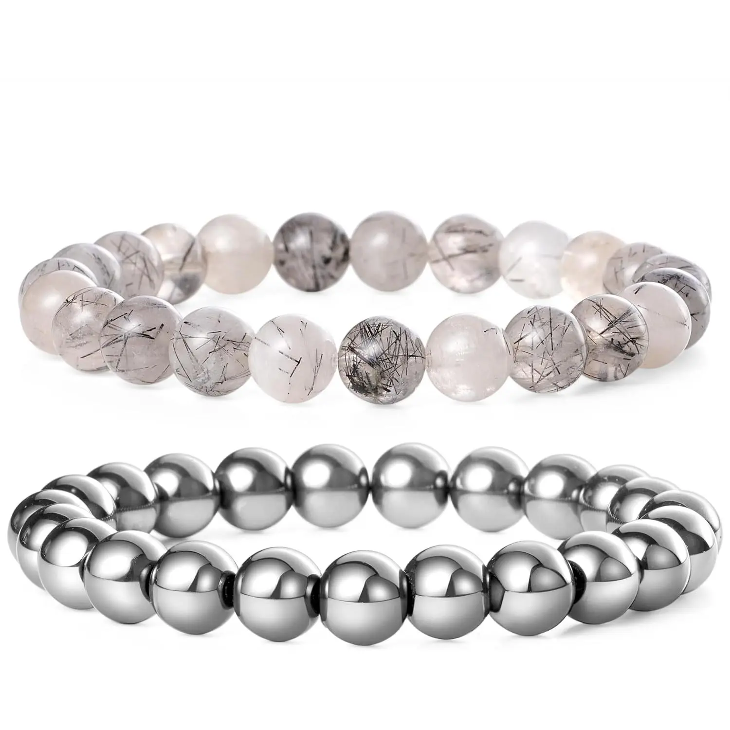 8mm Black Rutilated Quartz & Hematite (Emotional T