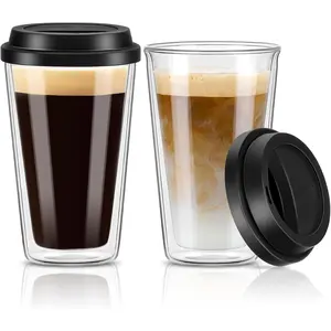 2 Packs Double Walled Glass Coffee Mugs with  Lids, 12 OZ  Glass Coffee Cups, Insulated Coffee Mugs, Cappuccino,,Latte,Iced Coffee Cups, Glass Travel Mug, Heat Resistant