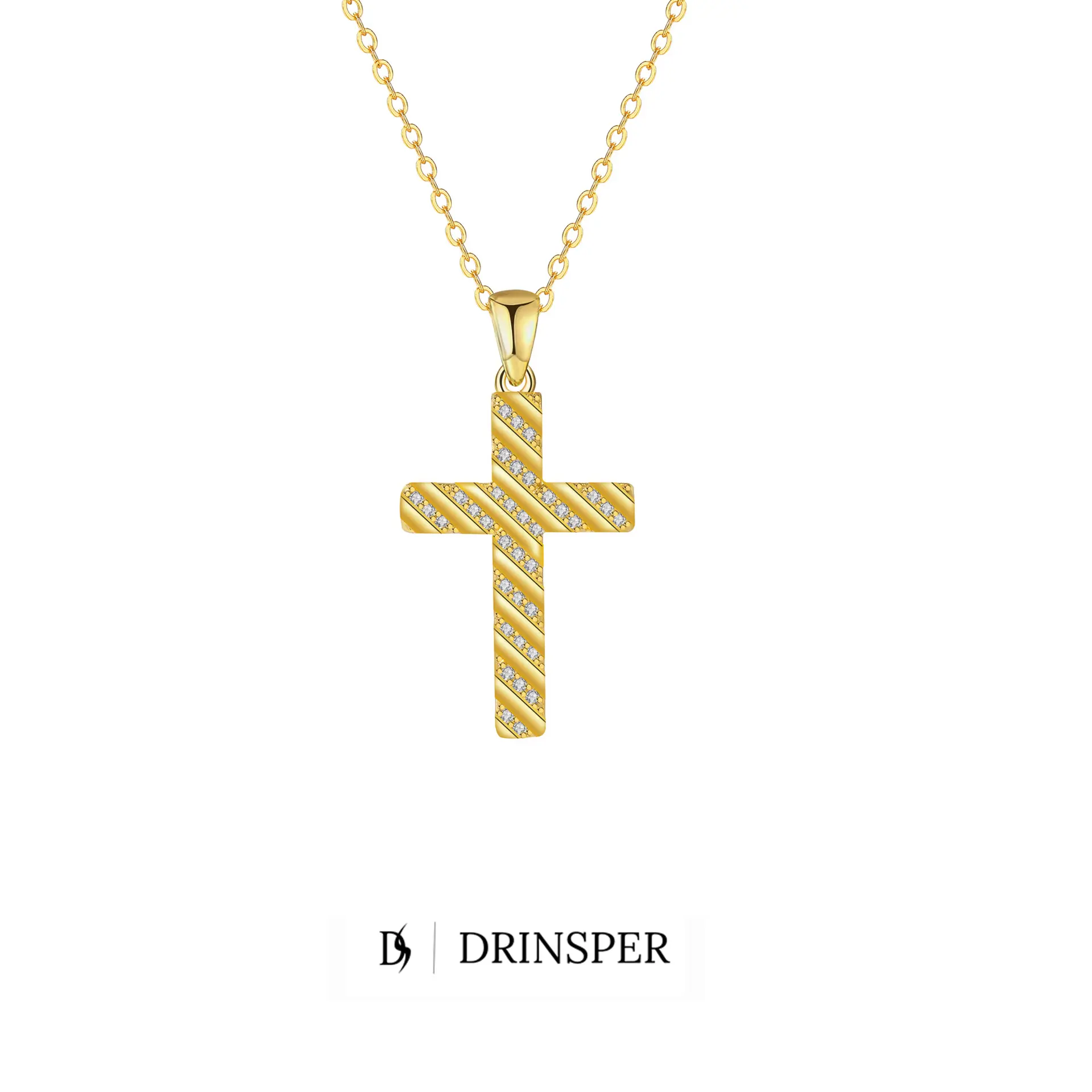 DRINSPER Cross Necklace for Women Men, 18K Gold Plated Copper Cross Pendant with Cubic Zirconia Accent, 18+2 Inch Stainless Steel Chain, Religious Faith Jewelry Gift for Daily Wear, Elegant Christian Symbol Necklace, Durable Adjustable Chain Jewelry