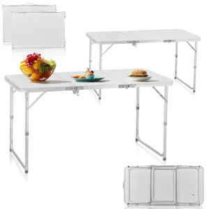 【Father's Day Gift】  Karlhome 4ft Camping Folding Table, Aluminum Portable Picnic Table with Adjustable Height, 3 Fold Lightweight Outdoor Table for Indoor Travel Beach and Party