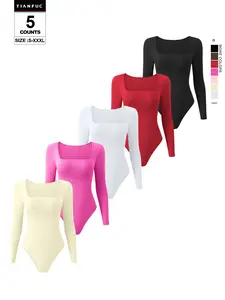 Women’s Square Neck Long Sleeve Bodysuit – Autumn Winter Shapewear, Slim Fit Stretch One-Piece Tops, Stylish Basic Layering Outfit, Womenswear Minimalist, Square Neck Detail