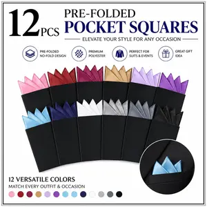 12 Pcs Pre-Folded Men's Pocket Squares – Masculine Polyester Handkerchiefs on Display Cards for Suits, Wedding & Business Events (No-Fold)