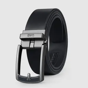UAQ men's leather ratchet belt with easy-release buckle, adjustable, suitable for formal and casual wear, designer men's gift, outdoor casual textured black business belt, no holes