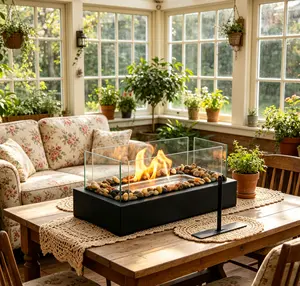 Rectangle Tabletop Ethanol Fire Pit, Portable Indoor Outdoor Smokeless Fireplace with Glass Guard & River Stones, Cozy Mini Table Fire Bowl for Home Decor Patio Balcony Night Ambiance