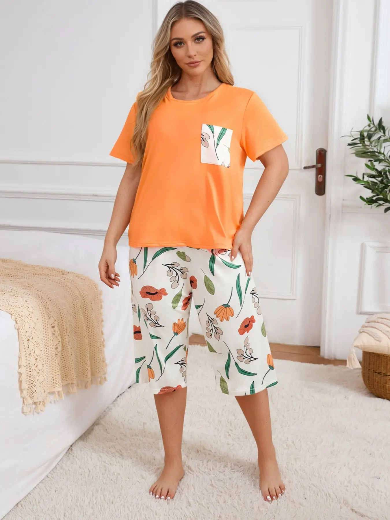 Women's Plus Size Floral Print Pajama Set, 2-Piece Sleepwear with Pants & Top, Comfortable Casual Loungewear for Ladies Pajamas Sleepwear