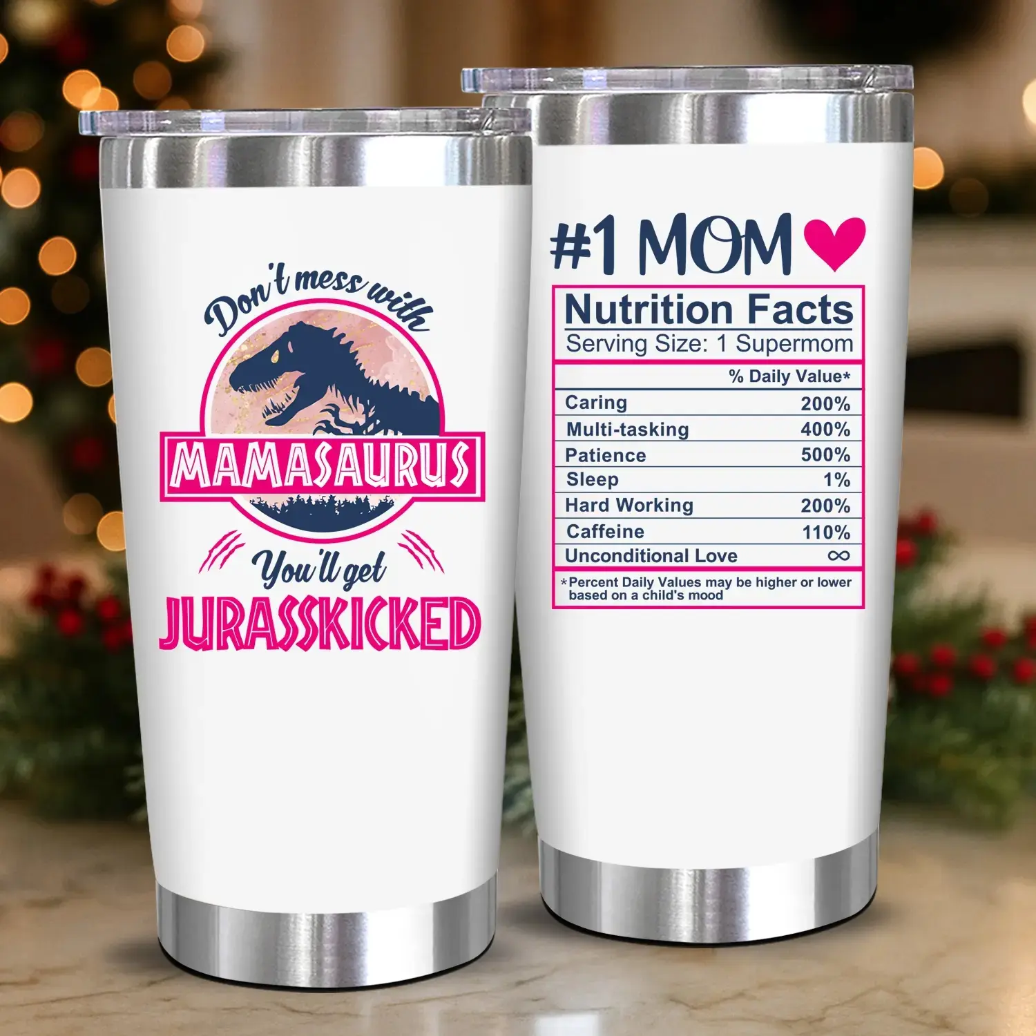 Mamasaurus Funny Mom 20oz Double-Wall Insulated Stainless Steel Flip Tumbler Vacuum Flask, Water Bottle, Trendy Cute Mom Birthday Gift Kitchen Drinkware, Mom Birthday Gifts