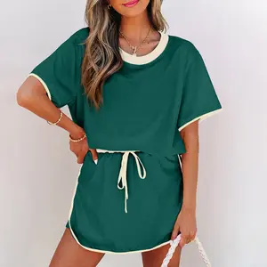 MULLVEIG Women's Summer Casual Colorblock Drop Shoulder 2 Piece Sets - Short Sleeve Tops Matching Drawstring Mini Skirt Sporty Outfit