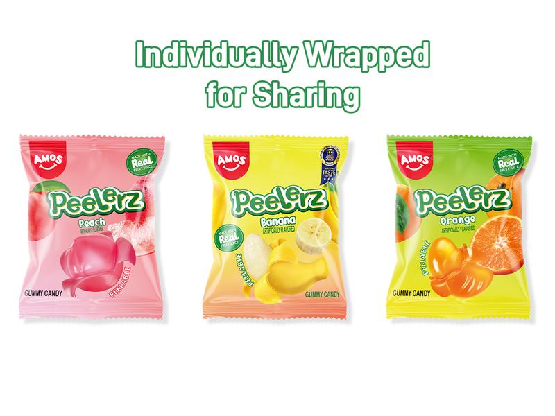 Amos Peelerz Fruity Gummies 608g New Tropical Edition Lychee Kiwi Peach Mixed Pack Mango Lychee Pineapple Exotic Chewy Fruit Candy Low Sodium Fat Free Sweet Juice Snack Bonbon