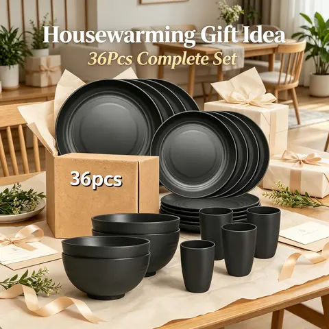36Pcs Matte Black Wheat Straw Dinnerware Set for 6 People, Unbreakable Lightweight Plates Bowls Cups Combo, Microwave & Dishwasher Safe Eco Reusable Tableware, Large Family Apartment Camping Daily Kitchen Dishes