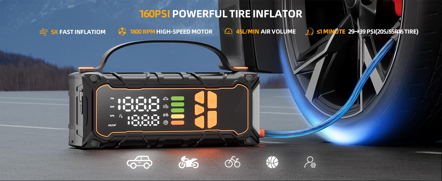 AAIVV Upgraded Portable Car Jump Starter,4000A Car Battery Starter, with 160PSI Tire Inflator, 12V Car Battery Starter, 15000mAh Mobile Power Bank, with LED Light.
