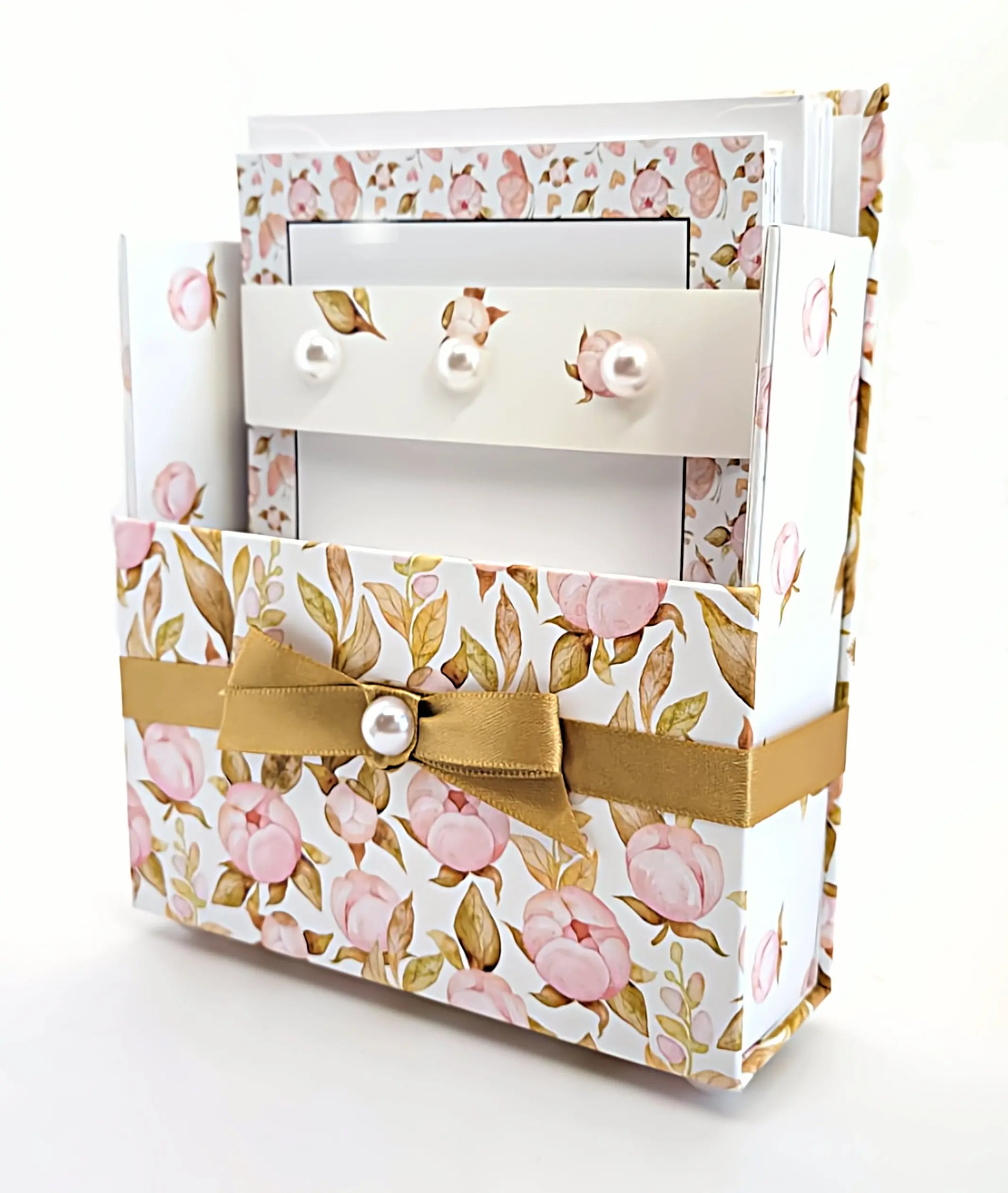 Chic Brico 42-Pc Stationery Gift Box Set w/Reusable Desktop Organizer Box and Gold Pen - Pink Magnolias