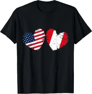 USA Peru Flag Heart Valentines Day Peruvian American T-Shirt Pure Cotton Graphic Tees Menswear Top: Gifts for Men & Women