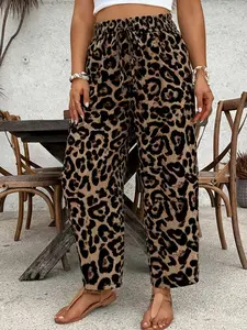 Women's Plus Size Casual Loose Fit Long Pants, Full Print Leopard Pattern, Drawstring Elastic Waist, Pocket Design, Comfortable and Stylish