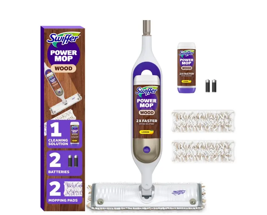 Swiffer Power Mop Wood Kit with Refill, Unscented, 1 handle + 1 solution & 2 Pads