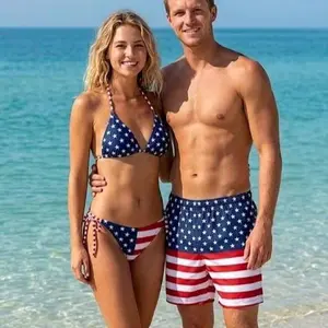 Couple Matching Swimsuit Set, Patriotic Vacation Outfits, Honeymoon Beachwear, Red White Blue Flag Bikini & Trunks, USA Souvenir Gift