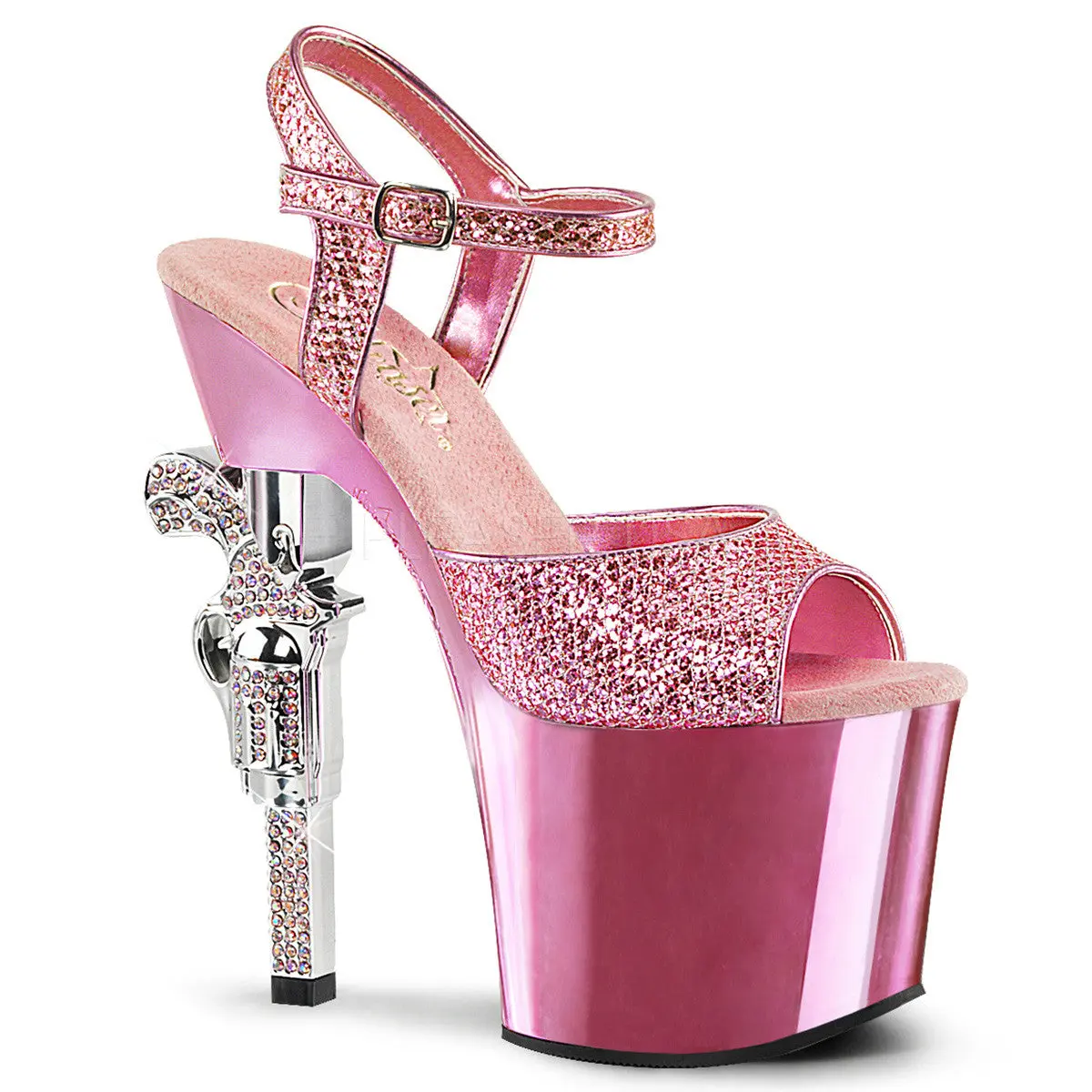 Women's Chunky Glitter Platform Sandals with a 7-inch Gun Heel, Chrome Detail Statement Shoes for Women's Fashion, Footwear, Baby Pink Chrome Platform Ankle Strap, Sequins, Sparkle Dots, Open Toe