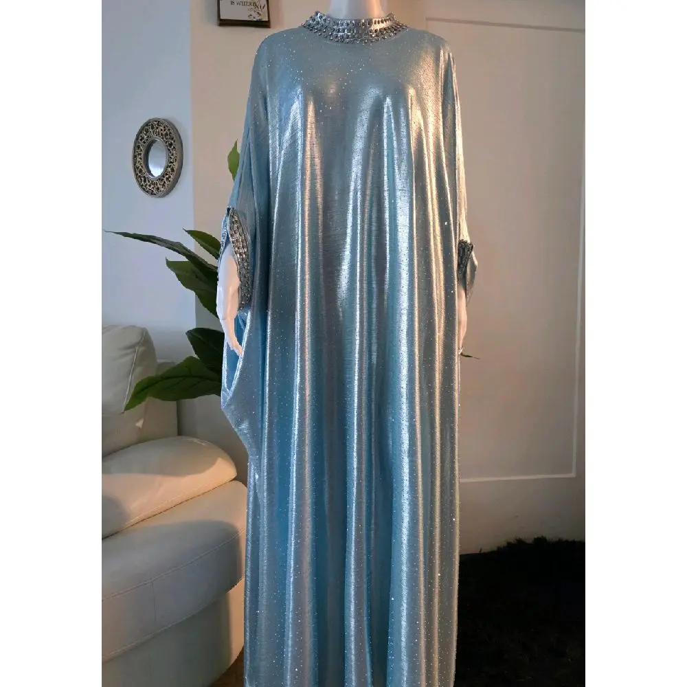 Elegant metallic kaftan adorned with rhinestones