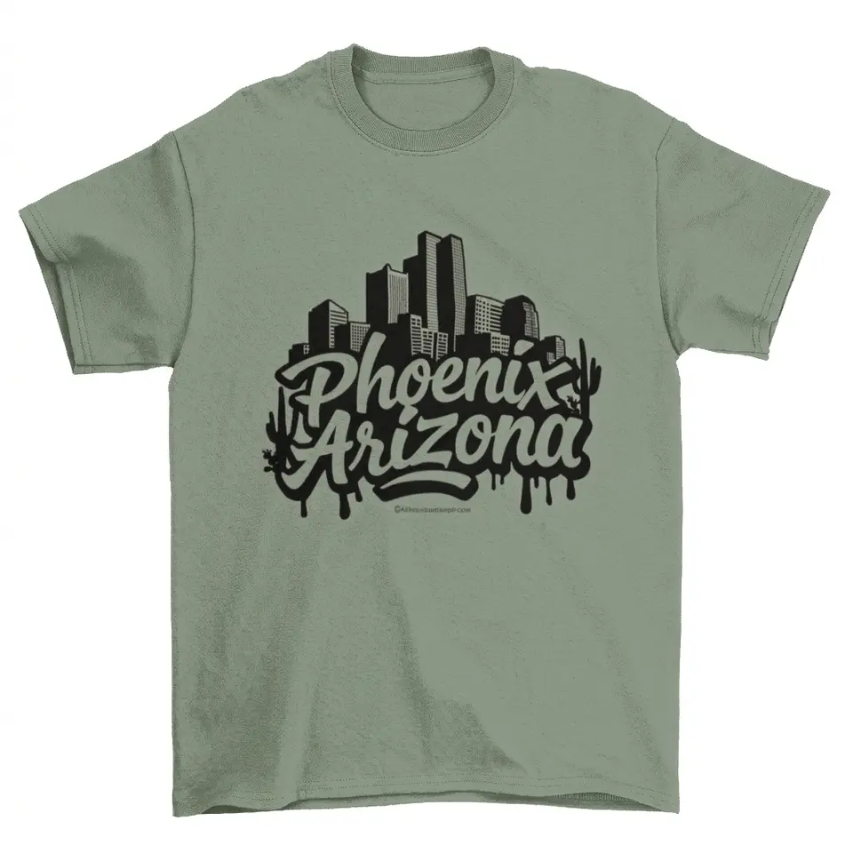 Men's Graphic T-Shirt, Phoenix Arizona Skyline Graffiti Print, Soft 100% Cotton Streetwear, Round Neck Short-Sleeve Souvenir Top, Tee, Unisex, Shortsleeve, Menswear, Tshirt, Machine Wash, Ink Drips, Graffiti Script, Clothes