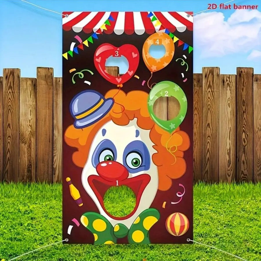 2D Flat Banner 1pc, Decorative Banner, Circus Clown Throwing Game, Fun Western Circus Theme, Perfect for Home Parties and Birthday Decorations, Party Decoration Supplies, Yard Sign Banner, Party Decorations Banners, Outdoor Banners