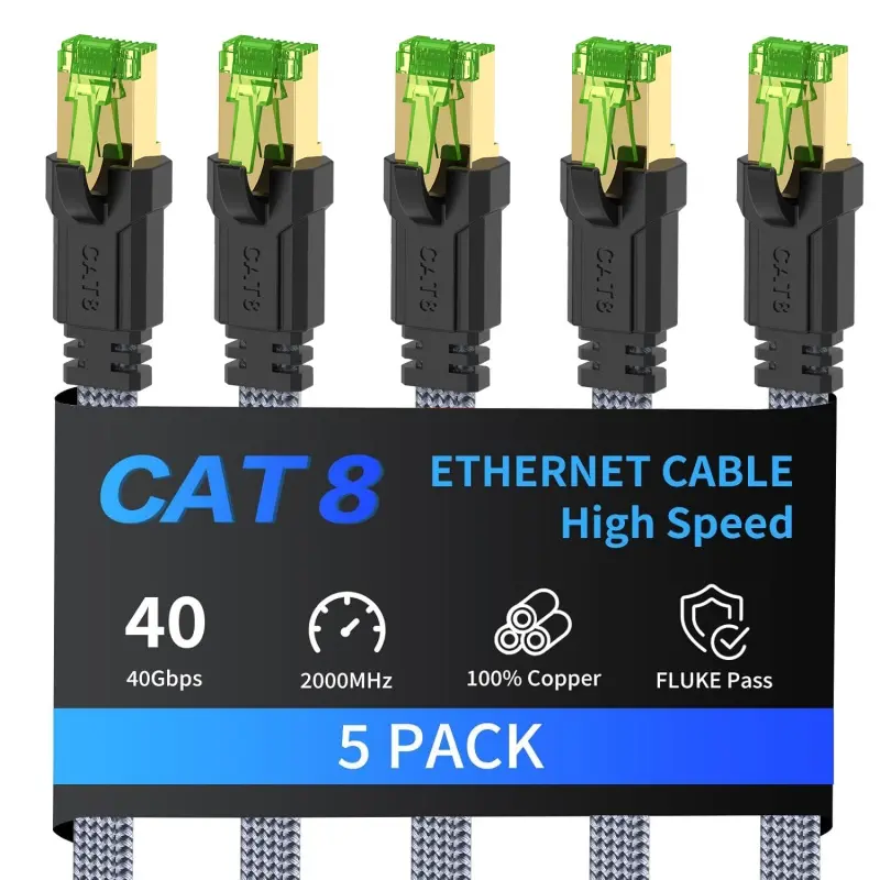 MIZIQIER 5-Pack Fluke Pass High-Speed Cat 8 SFTP Flat Shielded Ethernet Cables, 40Gbps 2000MHz RJ45 Connector LAN Patch Cord for Modem, Router (Indoor/Outdoor Use)