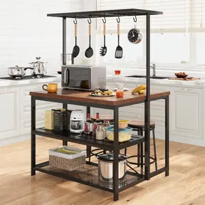 Multifunctional Kitchen Island with Storage, Island Table for Kitchen with Seating Bakers Rack Microwave Oven Stand Shelf with 3 Tier Storage Shelf for Dining Room Living Room, 5 Hooks