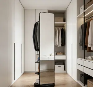 360° Rotating 69"x16" Multifunctional Full-Length Mirror with Hook Storage Rack Coat Rack Solid Wood Floor Mirror for Bedroom Living Room Cloakroom Space Saving Black
