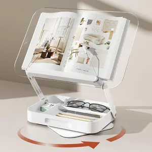 Book Stand with Storage, Adjustable Book Holder for Reading with 360° Rotating Bases, Foldable Desktop Riser Stand, Elastic Clips for Cookbook Recipe Magazines Tablets, Laptops (Clear)