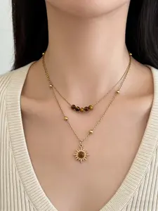 Women's Vintage Sunflower Layered Necklace, Braided Chain with Large Pendant, Elegant Winter Jewelry, and, Casual and Formal Wear