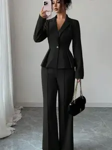 Women's two-piece black lapel multi-button waist-cinching ruffled hem blazer and high-waisted leg-lengthening suit pants set, fashionable and versatisuitable for all seasons, daily wear, events, and other occasions.