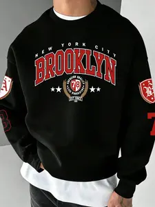 Unisex Brooklyn Theme Vintage Badge Print Round Neck Sweatshirt, Casual Fitted Winter Top, Urban Culture Fashion