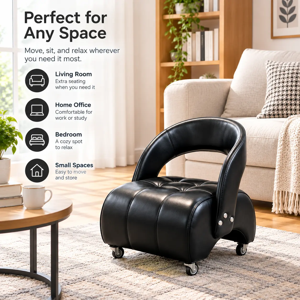 Upholstered Leather Rolling Lounge Chair, Padded Tufted Seat with Curved Hollow Backrest and Universal Casters for Home Living Room Indoor Daily Use
