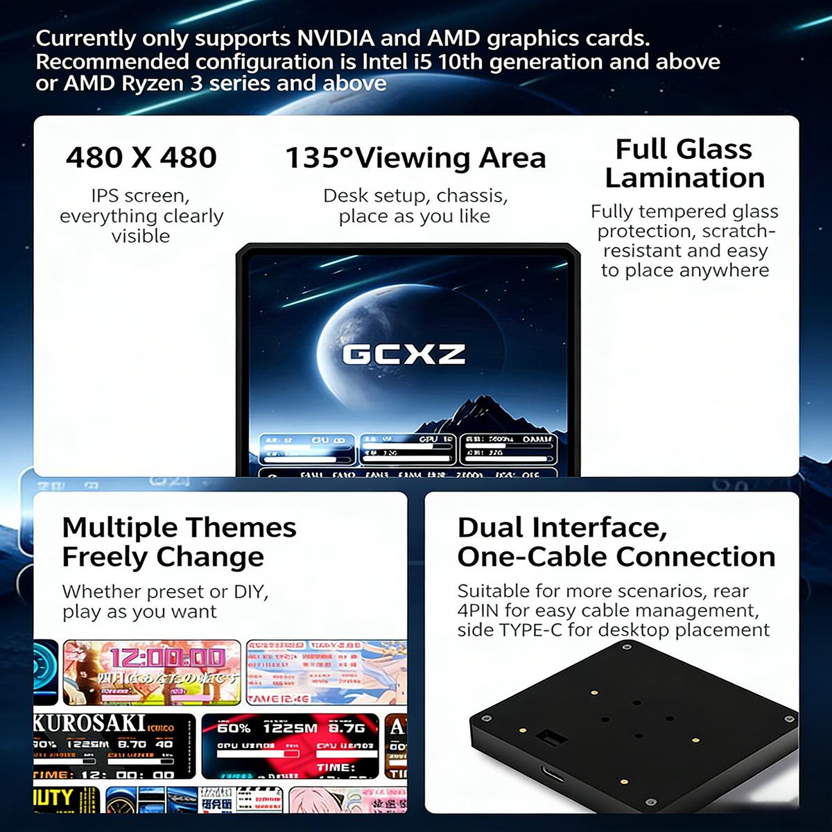New GCXZ -3.95" secondary monitor, compatible with water-cooled CPUs; IPS panel for computer monitoring; Type‑C connection, no AIDA64 required; free DIY display; tempered glass screen protector; does not consume PC performance; pure white; G95 secondary m