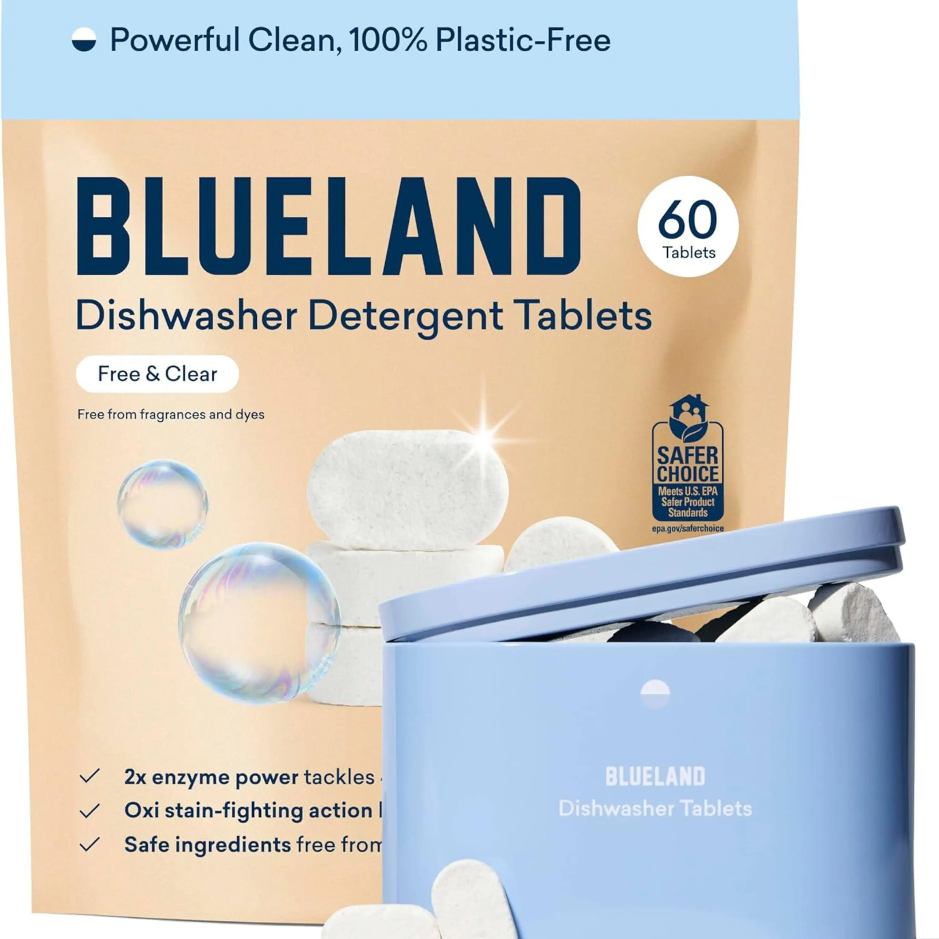 Blueland Dishwasher Tablets, Plant-Based Eco-Friendly Detergent with Stainless Steel Tin, 60 Tablets, Plastic-Free, Fragrance-Free, Household Cleaning