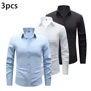 Men's 2-Pack Slim Fit Long Sleeve Dress Shirts, Wrinkle-Free Stretch Polyester Clothing, Light Blue and White Combo, Ideal for Business and Formal Events