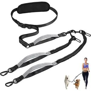 Hands Free Dog Leash, Waist Leash for 2 Dogs, Adjustable Double Hands Free Lead with Detachable Waist Belt, Padded Handles, Shock Absorbing Bungee for Walking Jogging Hiking, Black+Gray