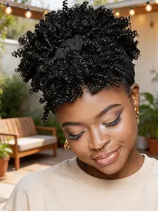 2-in-1 Afro Kinky Curly Headband Wig for Black Women - Dark Brown Ombre High Puff Ponytail & Scarf Wrap with Bangs, Perfect for Holiday Parties, Synthetic Fiber Wig, Synthetic Curly Wigs
