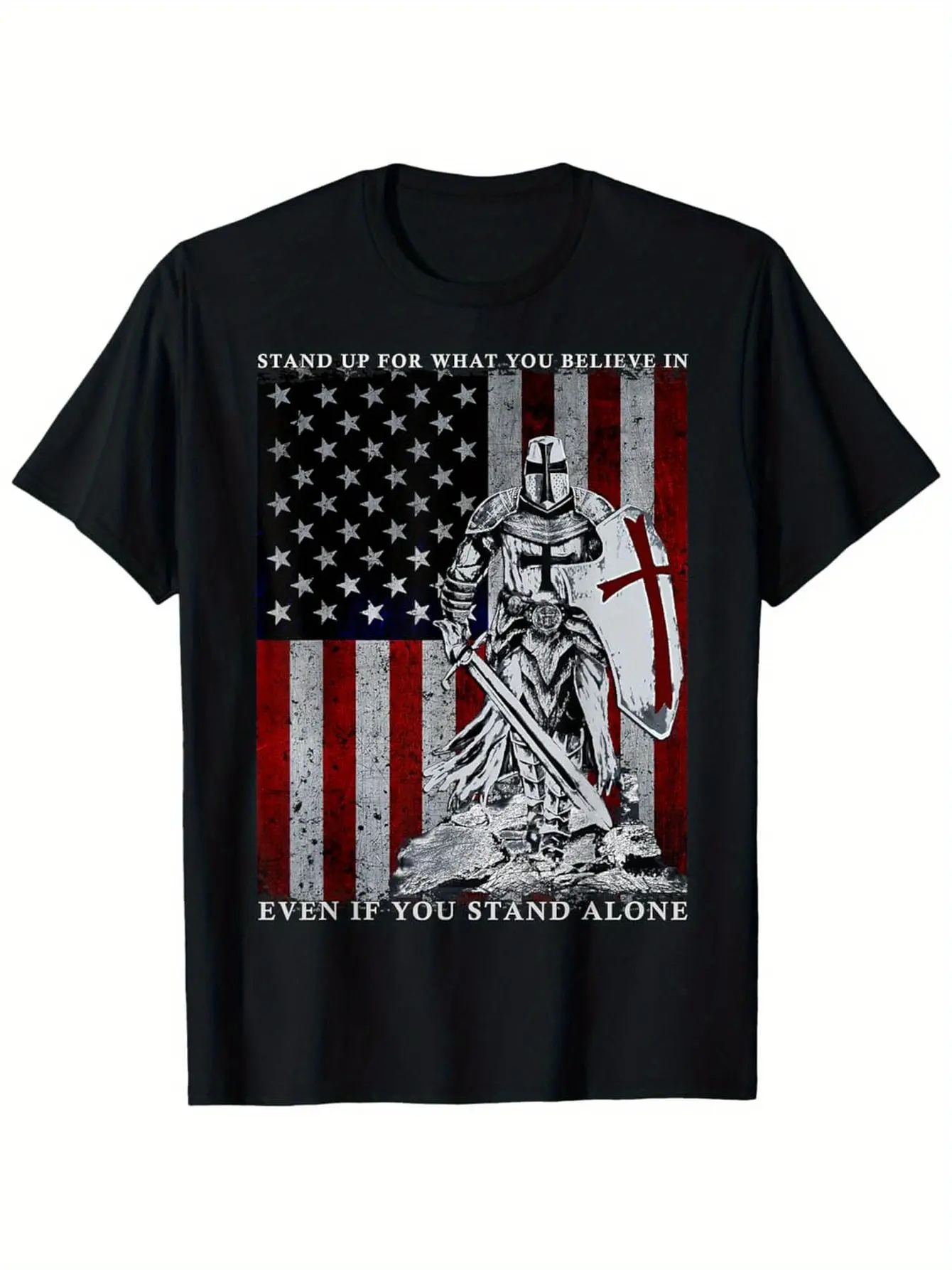 Crusader-Themed T-Shirt Featuring The American Fla unisex soft cotton short sleeve t shirt, vintage graphic casual tee for men women teens, perfect birthday holiday gift for camping travel gym daily street casual wear
