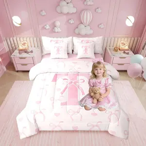 7 Piece Pink Bow Knot Bed Set for Girls Girly Romantic Love Hearts Sheet Set,Bed in A Bag Watercolor Letter T Comforter Soft Dreamy Princess Fairy