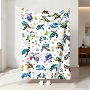 1 piece of fresh ocean style blanket with watercolor hand-painted color sea turtle starfish print flannel blanket, skin friendly, soft and machine washable, suitable for office and home use, suitable for all seasons, sofa blanket, bed blanket
