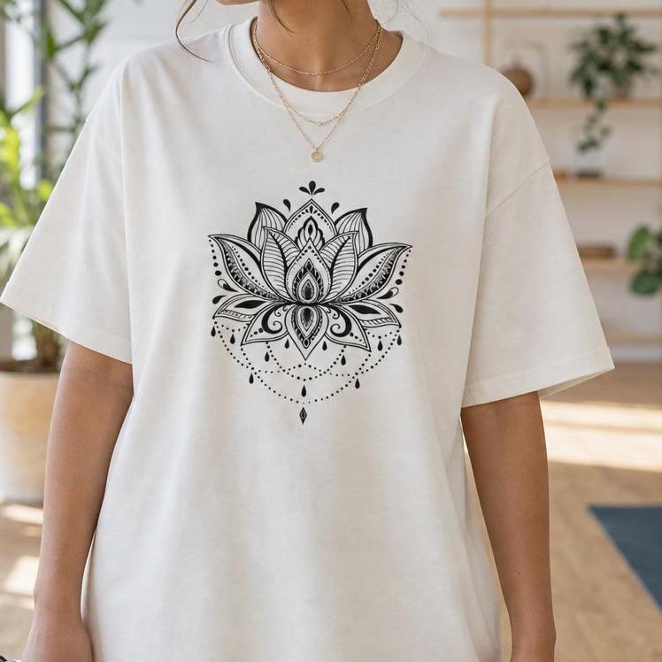 Women's 100% Cotton Short-Sleeve T-Shirt - Drop Shoulder Crew Neck, Boho Lotus Mandala Graphic, Casual Wear Zen Spiritual Yoga Top