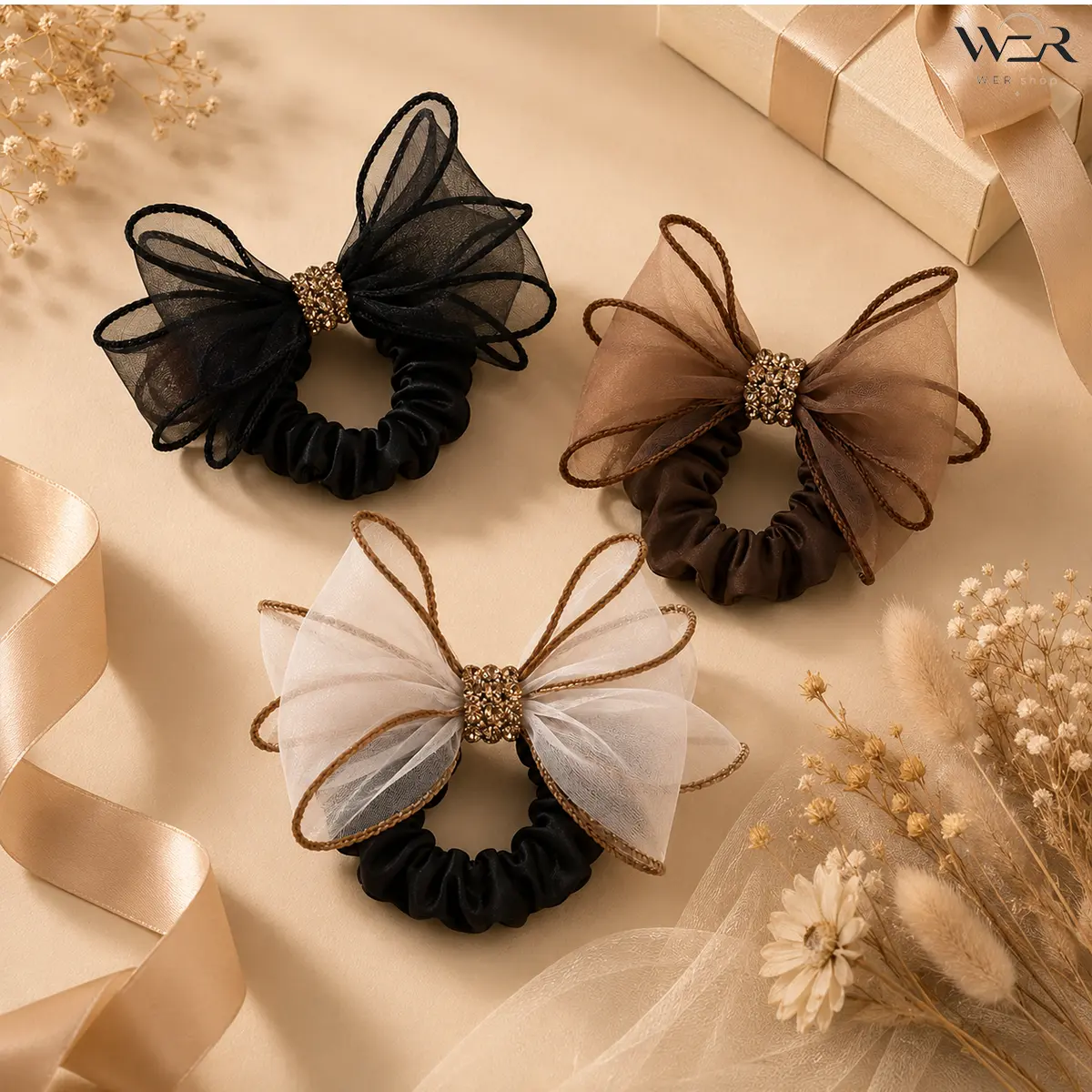 Women's Elegant Bow Organza Satin Scrunchie with Rhinestone Detail - Hairbands & Scrunchies, Pearl Bow, Dazzle Rhinestone, Decorative Gem, Jeweled Oval Styles - Multiple Colors for Daily Ponytail Wear Gift, & Scrunchies Pearl Bow Hairbands