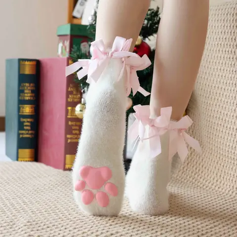Women's Winter Warm Thickening Lolita Socks, Cute Butterfly Knot Plush Short Socks, Halloween Christmas Gift Socks, Ankle Solid Sock, Knitted Socks
